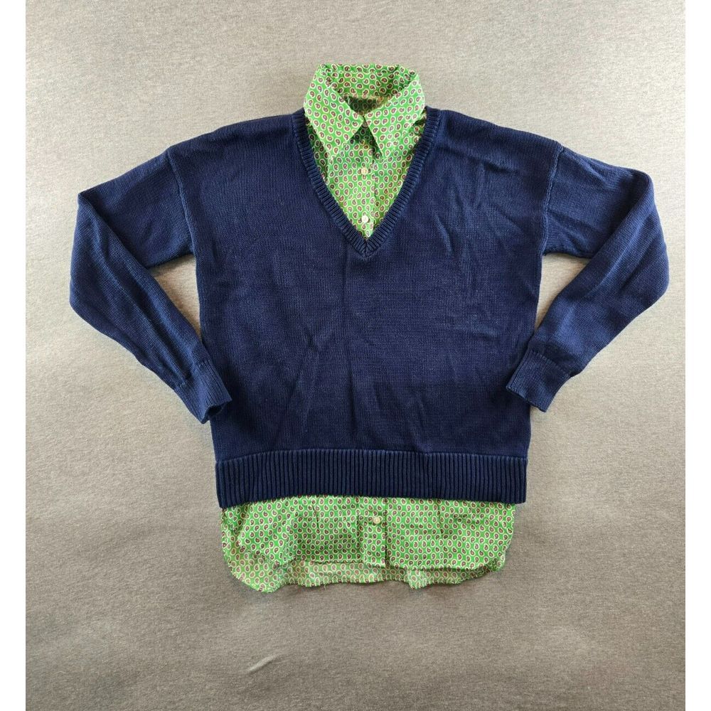 Lauren Ralph Lauren Black Label Layered Look‎ V-Neck Navy & Lime Sweater Size XS